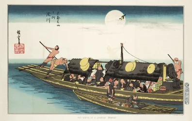 Passagiere und Besatzung an Bord eines kleinen Bootes, ca. 1853-1856