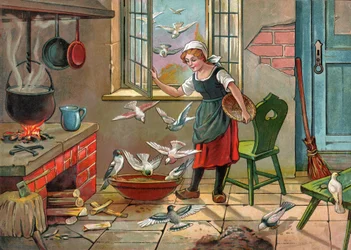 Bauernmädchen mit Tauben (Illustration um 1920)