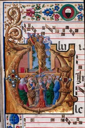 Piccolomini-Bibliothek: Chorbuch, cod. 23.8, ff. 66r mit „Christi Himmelfahrt“ (Detail)