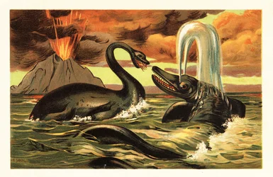 Plesiosaurus und Ichthyosaurus kämpfen vor einem ausbrechenden Vulkan