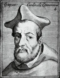 Porträt von Gasparo Contarini (1483-1542), italienischer Kardinal und Bischof, Gravur aus Illustrissimorum, omnique virtutis, et scientiarum laude praestantissimoru virorum icones, von Claudius Pernetus