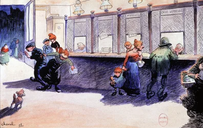Postamt in Paris mit Schaltern, Aquarell von Cheval