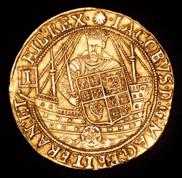 Seltene Münze, England Gold Spur Ryal, König James I. auf Schiff mit Schild