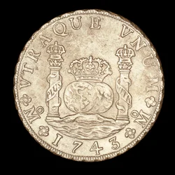 Seltene Silbermünze, Spanisch-Amerika König Ferdinand VI, 8 Reale, Säulen des Herkules an der Straße von Gibraltar mit Globus, Krone