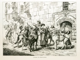 Satirische Zeichnung, die westliche Touristen umgeben von Eseln und ihren Treibern darstellt - Illustration aus dem Atlas von Ägypten