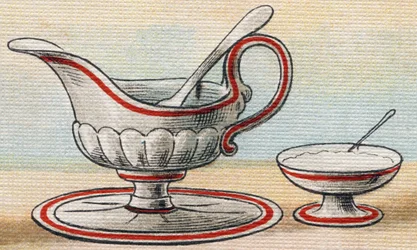 Sauciere und Zuckerdose. Gravur in "Alphabet de ma petite fille". Bernardin-Bechet und Fils, Buchhändler-Verleger, Paris, um 1895.