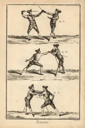 Zweite Position des Entwaffnens in Terz, Entwaffnung auf der Karte oder zweite Stoß, und zweite Position des Entwaffnens auf der Karte. Kupferstichgravur von Robert Benard aus dem Fechtabschnitt von Denis Diderots Enzyklopädie, Pellet, Genf