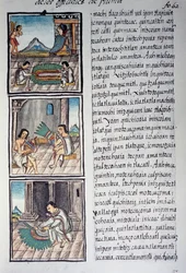 Satz von Verzierungen und Federkopfschmuck der Kaiser, Seite aus dem Florentiner Kodex, zweisprachige Version in Spanisch und Nahuatl, Allgemeine Geschichte der Dinge von Neuspanien, von Fray Bernardino de Sahagun