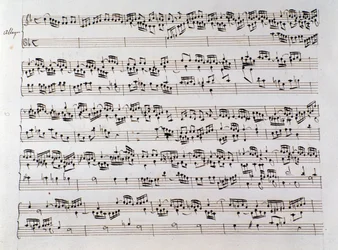 Notenblatt für Händels Fuge aus einem Manuskript mit zwei Werken von Domenico Scarlatti und Friedrich Händel
