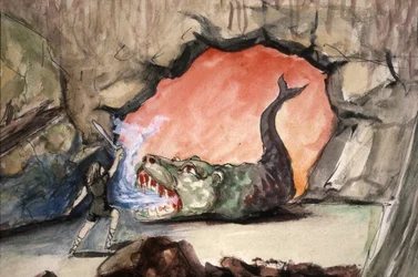 Siegfried tötet den Drachen Fafner, spätes 19. Jahrhundert (Illustration)