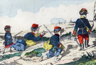 Scharfschützen. Gravur in "Alphabet militaire enfantin". Bildgebung von Pont-a-Mousson, um 1890. 20 Seiten.