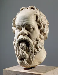 Sokrates, Marmorkopf, Kopie nach einer von Lysipp geschaffenen Bronze aus dem Pompeion in Athen, klassische griechische Kunst, um 330 v. Chr.
