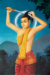Srahchork-Buddhistisches Kloster. Malerei, die die Lebensgeschichte von Shakyamuni Buddha darstellt. Prinz Siddhartha schneidet sich die Haare ab, um das weltliche Leben am Ufer des Anoma-Flusses zu entsagen. Phnom Penh, Kambodscha