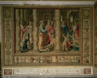 St. Peter und St. Johannes heilen einen Krüppel am Tor des Tempels, aus den Brüsseler Wandteppichen, Repliken der Vatikan-Kartons der Apostelgeschichte von Raphael