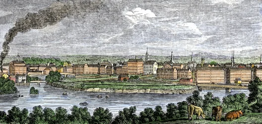 Textilfabriken entlang der Flüsse Merrimack (Merrimac) und Concord, Lowell, Massachusetts, USA in den 1830er Jahren. Farbiger Stich des 19. Jahrhunderts