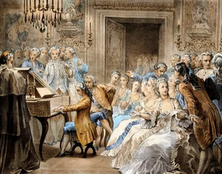 Der österreichische Komponist Wolfgang Amadeus Mozart (1756-1791) im Alter von 14 Jahren, wie er Gregorio Allegris „Miserere“ aus dem Gedächtnis nachspielt
