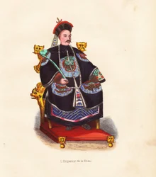 Der Kaiser von China sitzt in bestickten Gewändern und mit einem Hut mit Pfauenfeder auf seinem Thron. Von Mercier nach einer Illustration von Pannemaker aus Auguste Wahlens 