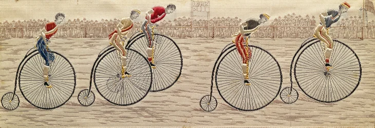 Die letzte Runde, Penny Farthing Rennen gewebte Seide Stevengraph, von Thomas Stevens aus Coventry
