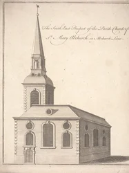Die Südostansicht der Pfarrkirche St. Mary Abchurch, in der Abchurch Lane, ca. 1740
