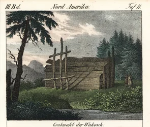 Das Holztotenmal der Wakashan-Indianer (Kanada). Lithographie aus dem Buch: „Galerie complète en tableaux fidèles des peuples d
