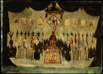 Der Leichnam von Horatio Nelson (1758-1805) ruht in der bemalten Halle des ehemaligen Royal Naval College in Greenwich während der Beerdigung am dritten Tag, das schwarze Tuch, das den Sarg bedeckt, wird entfernt, und Wachen in schwarzer Kleidung stehen au