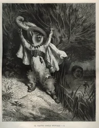 Der gestiefelte Kater ruft um Hilfe. Gravur von Gustave Doré (1832-1883) aus „Les contes“ von Charles Perrault (1628-1703)