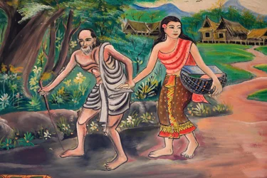 Der Tag davor. Begegnung mit dem Dorfbewohner. Der Pfad der Erleuchtung. Das Leben Buddhas. Deckenkunstwerk mit der Darstellung des Lebens Buddhas. Wat Inpeng. Vientiane. Laos, 20151029, Vientiane, Laos