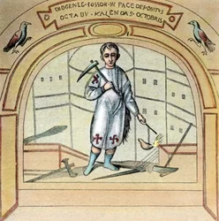 Der Fossor oder Totengräber Diogenes als Wandmalerei in der St. Marcellino Kirche in der Via Labicana in Rom, Italien, 1920er Jahre