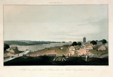Die Île de France, westliche Ansicht der Mühle in Pondre, wo die britische Armee am 30. November 1810 stationiert blieb