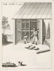 Behandlung der Rohstoffe: Metallurgie, Zerkleinern der Kupferbarren mit einem mechanischen Hammer, betrieben durch ein Wasserrad