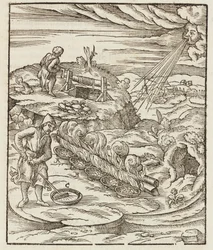 Behandlung von Wismut - Gravur aus Beschreibung der Erze und der wichtigsten Bergbaumethoden, von Lazarus Ecker