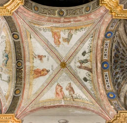 Querschiff südlich drittes westliches Joch, Isaak bittet Exhau, ihm Wild zu bringen, Rebekka kleidet Jakob mit Exhaus Kleidung, Jakob wird für Exhau gehalten und gibt Isaak Essen, Esaak kehrt mit Wild zurück, Kathedrale Santa Maria Assunta, Duomo, Cremona,