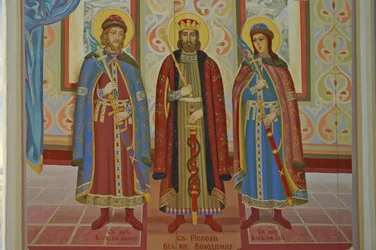 Ukraine, Kiew, St. Michaels Orthodoxes Kloster (ursprünglich 1108, rekonstruiert 2001), äußeres Fresko