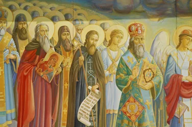Ukraine, Kiew, St. Michaels Orthodoxes Kloster (ursprünglich 1108, rekonstruiert 2001), äußeres Fresko