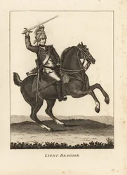 Uniform der leichten Dragoner-Kavallerie, mit Schwert, Muskete und Helm