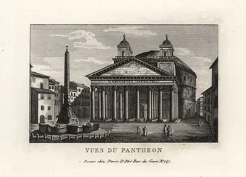 Ansicht des Pantheons mit Brunnen, Fontana del Pantheon, und Macuteo-Obelisk auf der Piazza della Rotonda, Rom