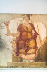 Wandfresko mit Darstellung einer sitzenden Venus, als Roma gedeutet, sogenannte Barberinische Göttin, erstes Viertel des vierten Jahrhunderts n. Chr., aus Rom, Nationalmuseum Rom (Museo Nazionale Romano), Rom, Italien