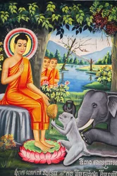 Wandmalerei in Wat Pitchey Udong: Szene aus dem Leben des Buddha, Buddha wird von einem Affen gefüttert, während er fastet, Kampot, Kambodscha
