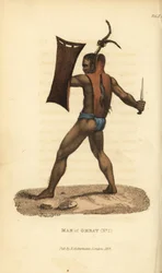 Krieger von Ombai mit Rüstung, Schild und Kris. Handkolorierter Kupferstich nach einer Illustration von Jacques Arago aus Frederic Shoberl