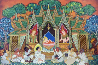 Wat Ananda Metyarama Thai-Buddhistischer Tempel. Geburt von Siddhartha Gautama (allgemein bekannt als Buddha), Singapur