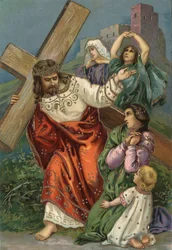 Kreuzweg - via crucis - Stationen des Kreuzwegs: achte Station, Jesus trifft die Frauen von Jerusalem Chromolithographie Private Sammlung