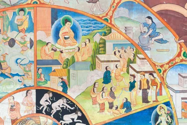 Rad des Lebens (Detail), Wandmalerei im Wat Umong, Chiang Mai, Thailand
