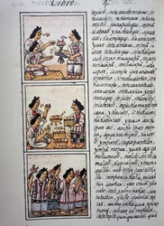 Frauen bereiten Festmahl vor, Buch IV des Florentiner Kodex, zweisprachige Version in Spanisch und Nahuatl, Allgemeine Geschichte der Dinge von Neuspanien (Historia general de las cosas de Nueva Espana), Aztekische Zivilisation