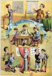 Arbeit im Klassenzimmer. Gravur im "Alphabet der kleinen Schüler"