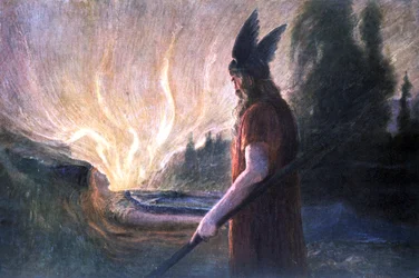 Wotan vor Brunnhildes Scheiterhaufen, frühes 20. Jahrhundert (Postkarte)