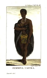 Junge San-Frau, die ein Kind stillt, Südafrika. Sie trägt einen Umhang, Halsketten und einen Perlenrock. Von Francois Le Vaillant