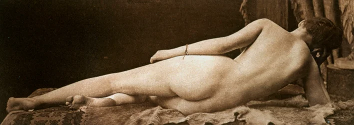 Junge nackte Frau von hinten gesehen, liegend auf einem Tierfell