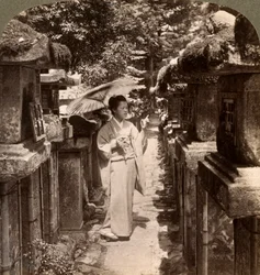 Eine Shinto-Anhängerin zählt die Steinlaternen, Kasuga-Schrein, Nara, Japan, 1904