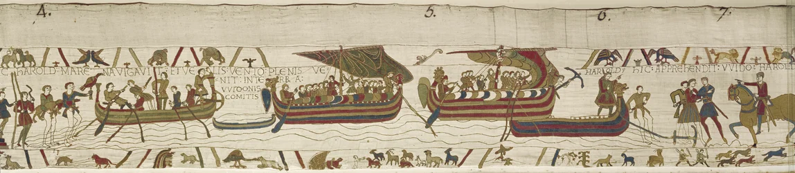Harold überquert den Kanal in das Gebiet von Guy, Graf von Ponthieu, wo er gefangen genommen wird, Bayeux-Tapete
