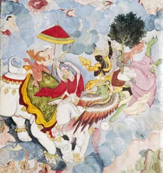 Krishna auf dem Vogelgott Garuda kämpft gegen Indra auf einem Elefanten, Harivamsa-Manuskript, um 1590